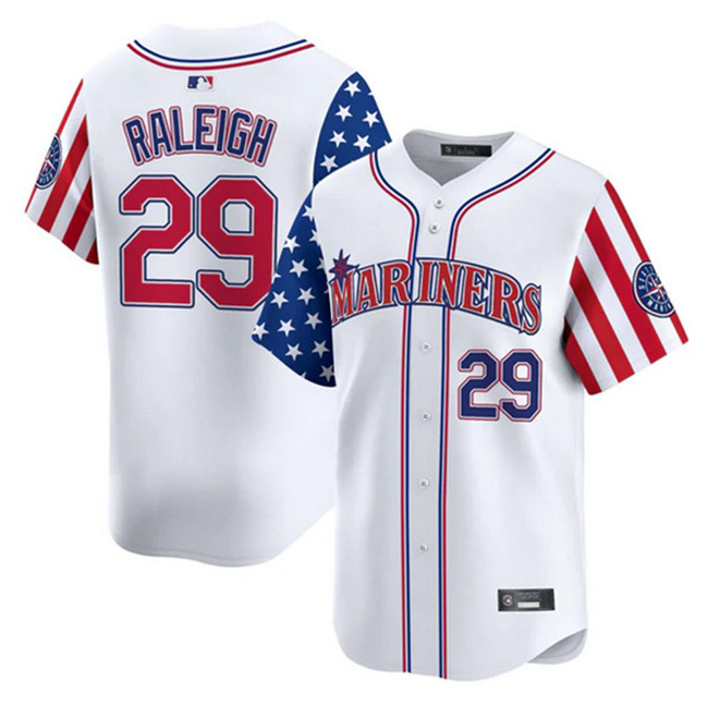 Men's Seattle Mariners #29 Cal Raleigh White 2025 Independence Day Limited Stitched jersey Men's Seattle Mariners #29 Cal Raleigh White 2025 Independence Day Limited Stitched jersey